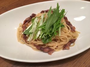 ホタルイカと水菜のパスタ